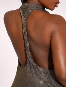 Radiana 女士优雅、奢华、性感、迷人的黑色和金色闪亮面料垂坠露背修身长裙，适合舞会、情人节、音乐会、庆典、狂欢节、节日、约会之夜、派对、生日、单身派对、鸡尾酒会、正式场合、俱乐部，凸显和修饰身材 - 黑色和金色 - 查看 9