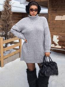 SHEIN EZwear Plus Size Loose Turtleneck Lantern Sleeve Chunky Knit Sweater Dress, Fall/Winter Autumn - Light Grey - View 10
