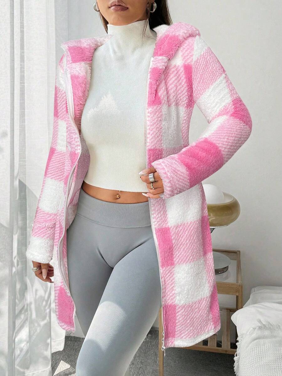SHEIN EZwear 女士休闲格子连帽保暖外套,秋冬粉白外套,舒适秋季 - 粉色 - 查看 1