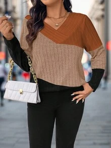 SHEIN Camiseta de talla grande con bloqueo de color para primavera y otoño, camisetas gráficas para mujeres - Multicolor - Ver 4