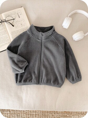 SHEIN Baby Boy Casual Cute Fun Sports Streetwear Gentleman Preppy All-Match Style Comfortable Fleece Stand Collar Jacket, Suitable For Autumn Winter Wear