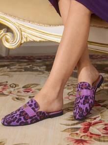 CUCCOO TILAWA Dép xỏ ngón đế vuông họa tiết da báo màu tím thanh lịch dành cho nữ có khóa kim loại hình đầu hổ (Mẫu giày giao ngẫu nhiên), phù hợp cho mùa xuân và mùa thu - Nhiều màu - Xem 3