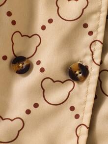 Elladie kids 女童卡其色小熊图案保暖连帽双排扣时尚外套，适合日常休闲穿着，可爱又保暖，冬季适用。