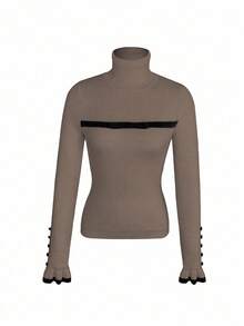 Chiquease Sweater Rajut Lengan Panjang Wanita Model Turtleneck dengan Kancing dan Rumbai, Dilengkapi Pita dan Lapisan Termal yang Pas di Badan - Coffee Brown - View 5