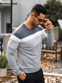 Manfinity Homme Plus Size Men Striped Crew Neck Long Sleeve Casual Sweater, Autumn/Winter - Grey - View 4