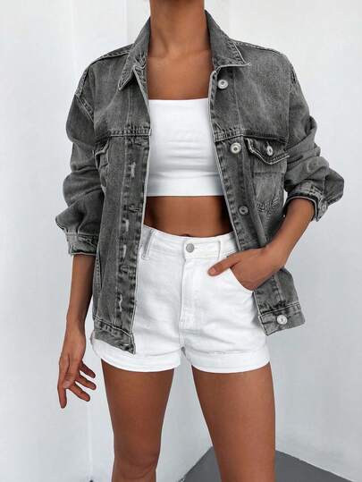 Cottnline 98%Cotton Flap Pocket Ripped Drop Shoulder Denim Jacket Women Jean Jacket Crop Jean Jacket Oversized Jean Jacket Cropped Denim Jacket