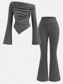 SHEIN 2pcs Tween Girls Casual Dark Grey Fuzzy Ribbed Ruched Long Sleeve Fitted Knit Top And Flare Pants Set, Suitable For Home, Outdoor, Travel, Airport, Casual Daily Wear