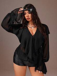 Rustia Women's Casual Loose Solid Color V-Neck Long Sleeve Plus Size Blouse