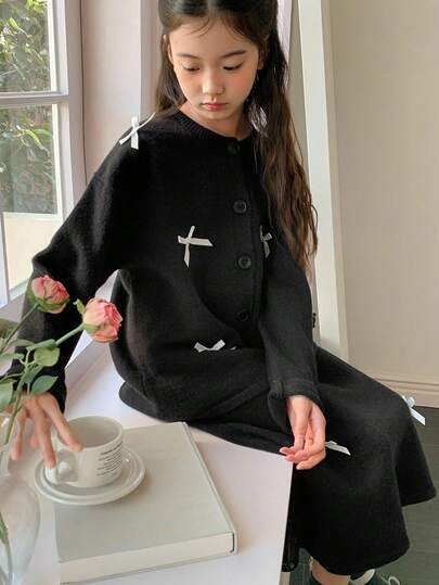 DAZY Tween Girl Butterfly Decor Drop Shoulder Long Sleeve Knit Cardigan And Knit Mini Skirt Set, Autumn/Winter