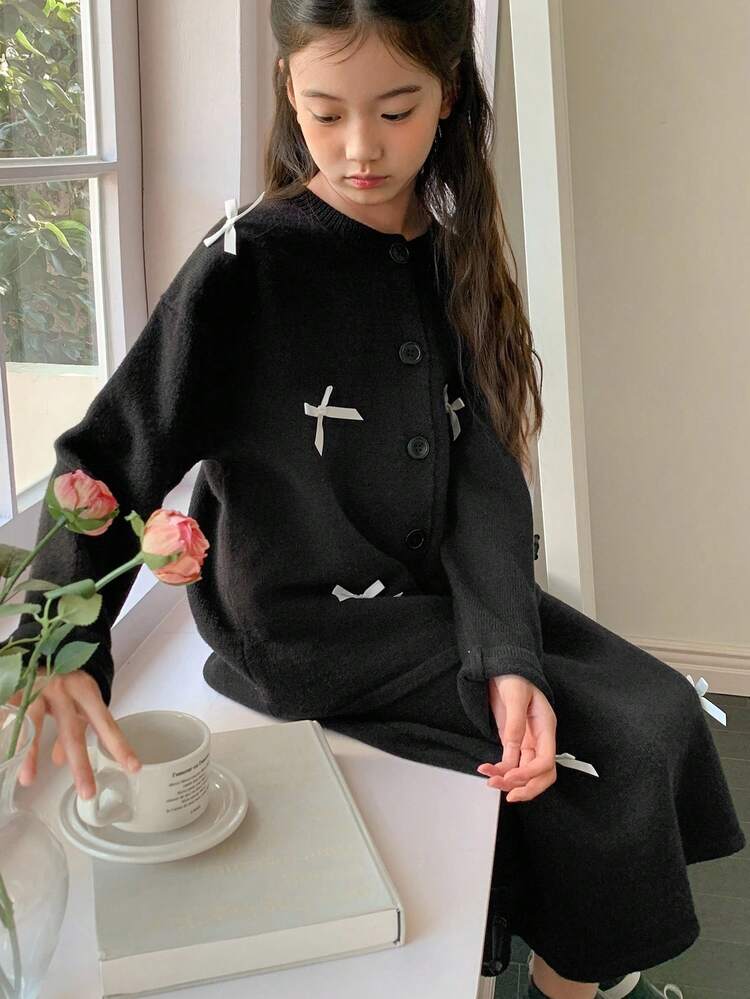 Tween Girl Butterfly Decor Drop Shoulder Long Sleeve Knit Cardigan And Knit Mini Skirt Set, Autumn/Winter