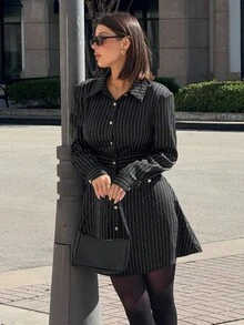 Siren Gaze 女式休闲通勤条纹前扣迷你连衣裙，秋季 - 彩色 - 查看 4