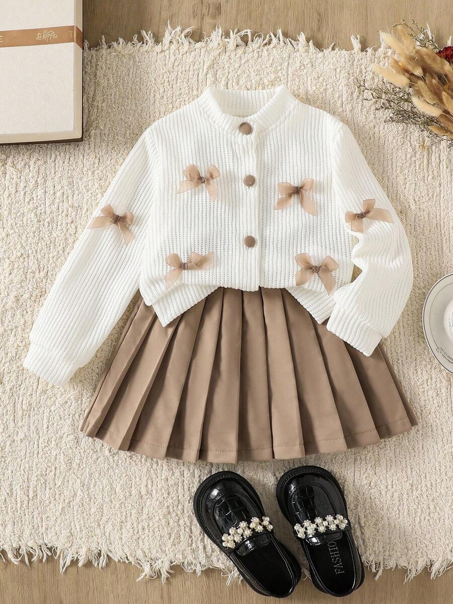 Genkimix Kids Dziewczęcy, swobodny, codzienny, dzianinowy kardigan z kokardą, żywy i uroczy, pasujący do spódnicy, jesienny, dwuczęściowy zestaw dla dzieci na zewnątrz, strój na powrót do szkoły, kurtka z fakturą wafla na jesień/zimę - Wielokolorowe - Zobacz 1