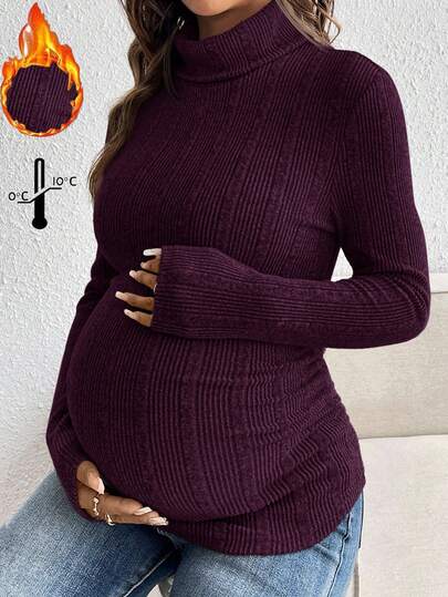 SHEIN Maternity Solid Color Turtleneck Long Sleeve Ribbed Slim Casual T-Shirt Pregnant Clothes Pregnant Outfits Pregnancy Shirts Purple Maternity Top Maternity Clothes Fall