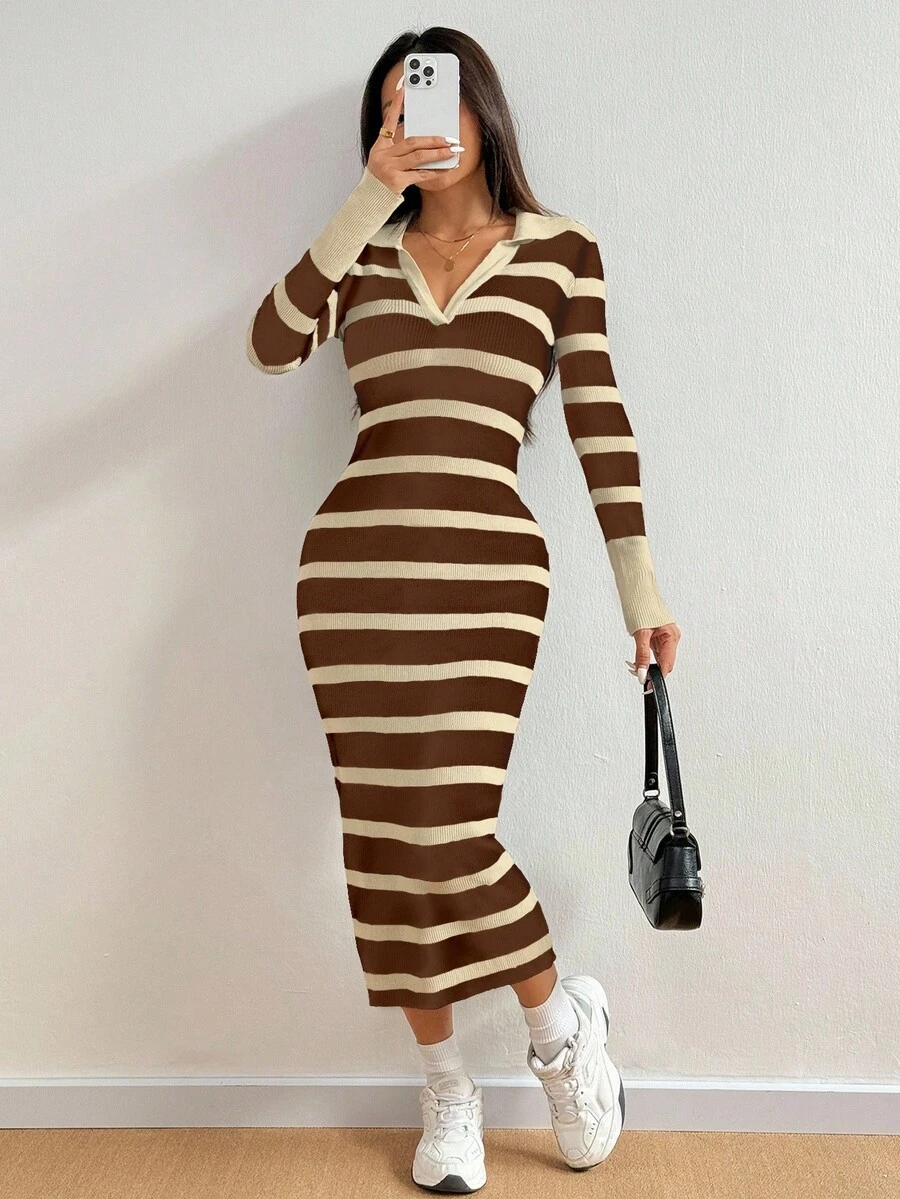 Flirla 女式条纹长袖V领修身休闲针织连衣裙，秋季 - 彩色 - 查看 1