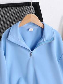SHEIN 少女休闲基本款半拉链高领长袖卫衣 - 淺藍色 - 查看 4