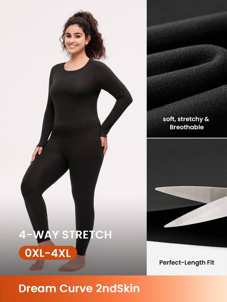 Conjunto de ropa interior térmica para mujer talla grande, ultra suave, capa base para clima frío, pijama de invierno cálido con parte superior de cuello redondo y pantalones largos - Conjunto ligero y cálido en color negro
