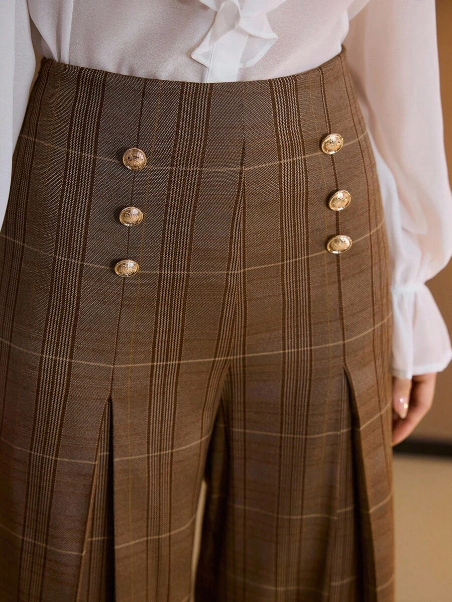MOTF PREMIUM 格纹印花金色纽扣细节褶皱阔腿西装裤 - 棕色 - 查看 2