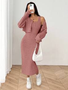 SHEIN EZwear 女式秋季新款罗纹针织落肩纽扣前襟夹克和修身中长连衣裙套装 - 藕粉色 - 查看 3