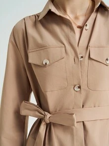 Airaco Women's Casual Button-Up Tie-Waist Midi Dress - Apricot - View 6