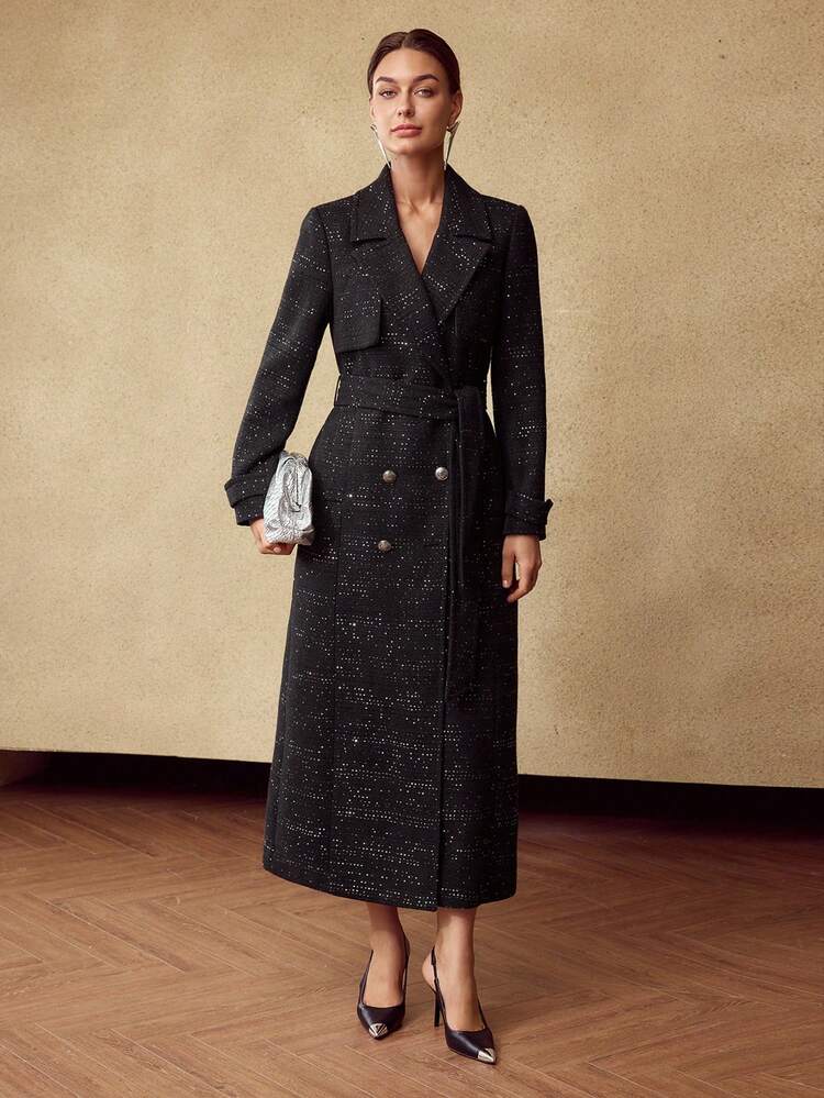 WOMEN'S SEQUIN EMBELLISHED TWEED LONG TRENCH COAT, AUTUMN/WINTER