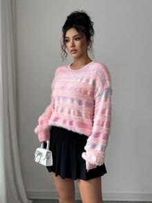 SHEIN Elenzya Suéter casual de mujer con rayas y piel sintética, otoño/invierno - Rosa - Ver 4