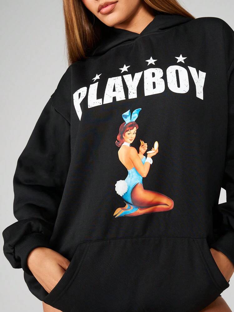 Missguided x Playboy Casual Long Sleeve Oversized Graphic Print Hooded Mini Dress Fall Winter Fashion Style Urban Mini Dress