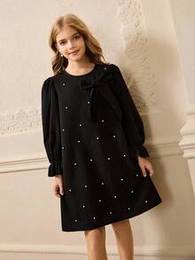 Mädchen einfaches Mode Alltags Rundhals Drop-Shoulder Langarm Locker Kurz Strukturierte Stoff 3D Perle Schleife Dekor A-Linie Kleid, Unerlässliches kleines Schwarzes Kleid für Teenager Mädchen im Herbst - Schwarz - Übersicht 7