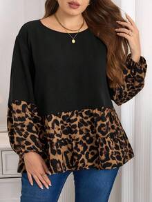 EMERY ROSE 大码女式豹纹拼布休闲宽松长袖圆领衬衫 - 彩色 - 查看 3