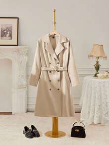SHEIN MOD Christmas Plus Size Elegant Commuter Solid Color Double-Breasted Satin Trench Coat,Fall Clothes For Women