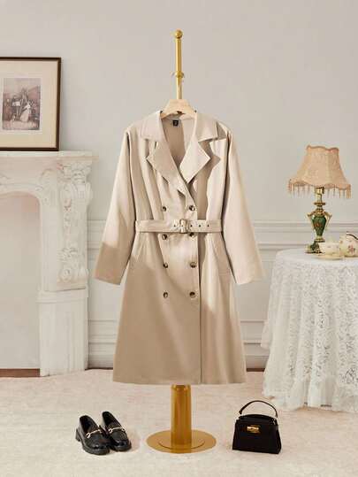 SHEIN MOD Christmas Plus Size Elegant Commuter Solid Color Double-Breasted Satin Trench Coat,Fall Clothes For Women