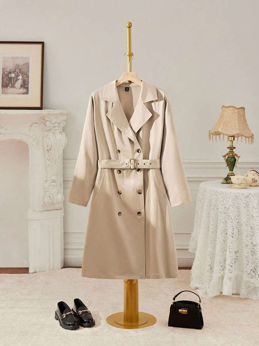 SHEIN MOD Christmas Plus Size Elegant Commuter Solid Color Double-Breasted Satin Trench Coat,Fall Clothes For Women