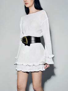 SHEIN LUNE 2025 New Stylish & Elegant French Romantic Off-Shoulder Backless Frill Trim Knit Dress - White - View 3