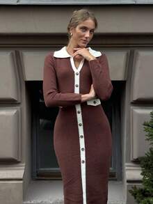 Pariaura French Collar Fitted Color Block Sweater Dress For Women - Coffee Brown - View 5