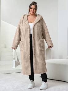 SHEIN CURVE+ Plus Size Women's Plus Size Hooded Long Sleeved Jacket, Suede Jacket, Suitable For Autumn And Winter - Khaki - View 4