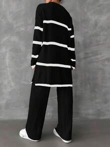 EURMUSE Women's Drop Shoulder Striped Sweater 2pcs/set - Black - View 2