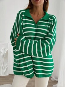 EURMUSE Plus Size Striped Pullover Sweater, Minimalist Style, Suitable For Summer - Green - View 4
