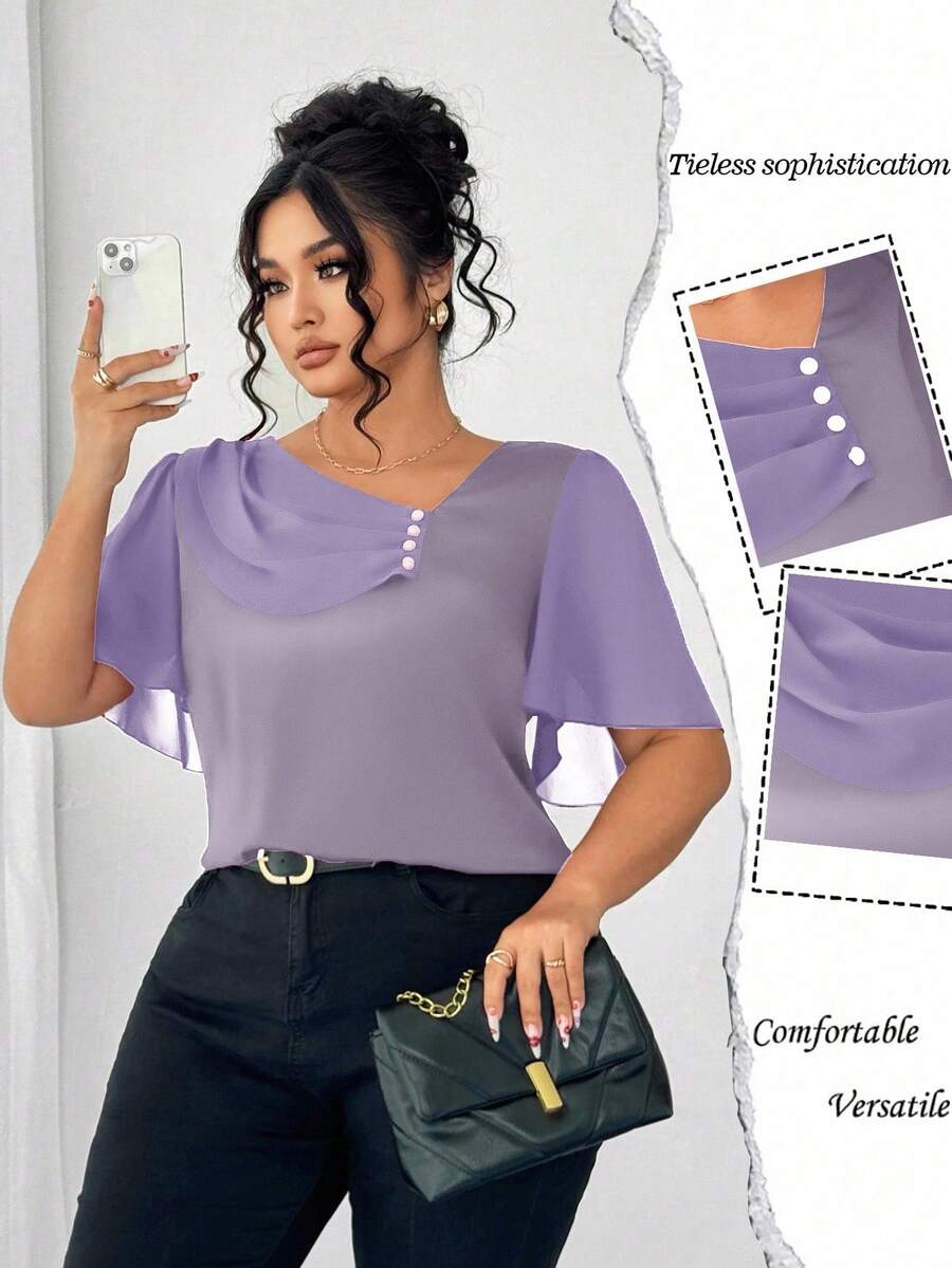 Elenzga Áo cánh tay ngắn thanh lịch cổ bèo nhún bất đối xứng cỡ lớn có nút trang trí - Bụi tím - Xem 1