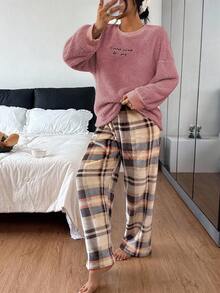SHEIN 女士休闲抓绒字母刺绣长袖上衣和格子裤睡衣套装，冬季服装，圣诞节，蓬松舒适 - 粉色 - 查看 3