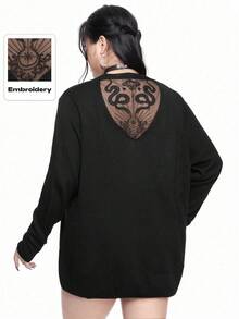 ROMWE Goth 大码女式哥特式花卉蛇纹印花网眼拼布薄开衫 - 黑色 - 查看 1