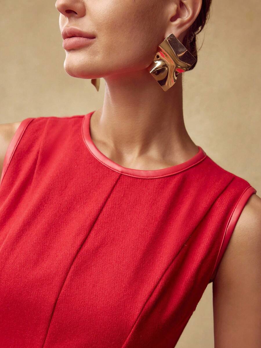 MOTF PREMIUM WOMEN'S WOOL PATCHWORK PU TRIM SLEEVELESS DRESS WITHOUT BELT, AUTUMN/WINTER - Red - View 2