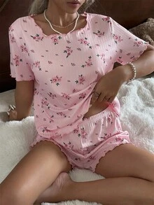 CottageSlumber Floral Rib Knit Loose Fit Short Sleeve & Shorts Women Pajama Set - Pink - View 1