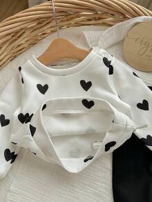 新生女婴可爱休闲针织心形图案长袖运动衫和裤子套装