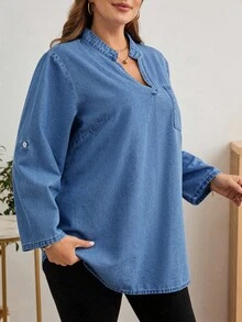 SHEIN EMERY ROSE CURVE 大码女式V领卷袖休闲宽松口袋牛仔衬衫 - 中等水洗藍 - 查看 3