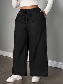 SHEIN PETITE CURVE 大码可爱白色梭织女式休闲裤， - 白色 - 查看 4