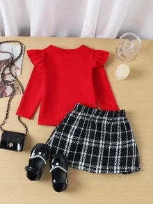 SHEIN BABY 女童 2 件套秋季幼童女孩紅色羅紋針織荷葉邊長袖 T 恤與格紋百褶蝴蝶結裙裝 秋季服飾 - 紅色 - 查看 2