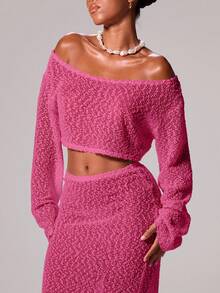 MUSERA Slash Neck Textured Knit Wide Long Sleeve Crop Top Cover Up Only Ibiza Sexy Vacation Holiday Spring Summer Beachwear Romantic Elegant Birthday
