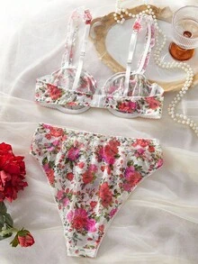 SHEIN 2pcs Women Floral Lace Comfortable Lingerie Set - Multicolor - View 7