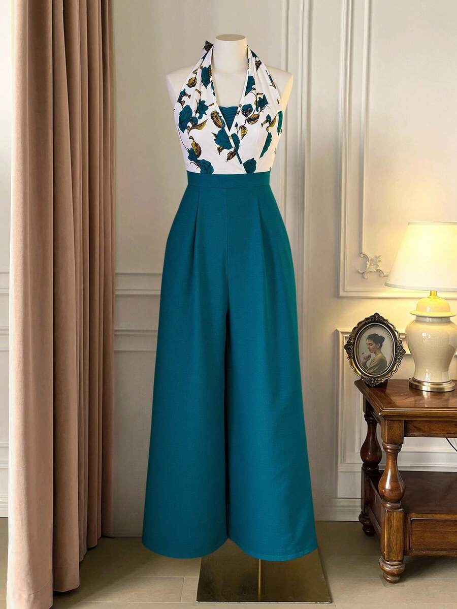 DreamSkyne Plus Size Rose Print Color Blocking Lace-Up Elegant & Romantic Loose Jumpsuit, Valentine's Day - Multicolor - View 1