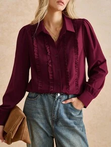Écloséra 法式复古优雅酒红色修身派对上衣秋季女士长袖衬衫服装秋季秋冬教师女士搭配长袖衬衣 - 酒紅色 - 查看 1