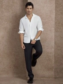 Core Aspect Camisa de manga larga con cuello de gaviota poco convencional y forro único para hombres, camisa de botones de manga larga de puro algodón con gran solapa y cuello de gaviota en color blanco puro para hombres, individual y de moda, camisa de lino blanca de manga, diseño minimalista, sensación de alta gama, casual urbano, primera opción para el transporte diario y salir, otoño - Blanco - Ver 4